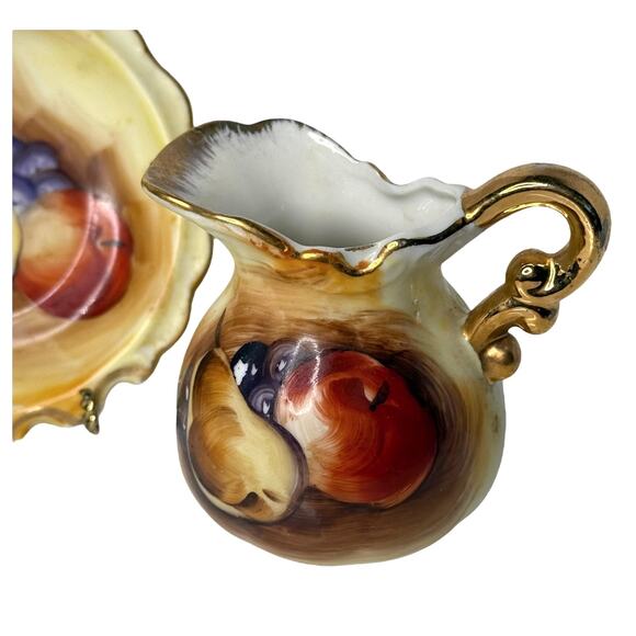 VTG Enesco CREAMER & SAUCER Pitcher Plate Fruit Apple Pear Grapes Gold Trim 3.5" - Picture 3 of 8